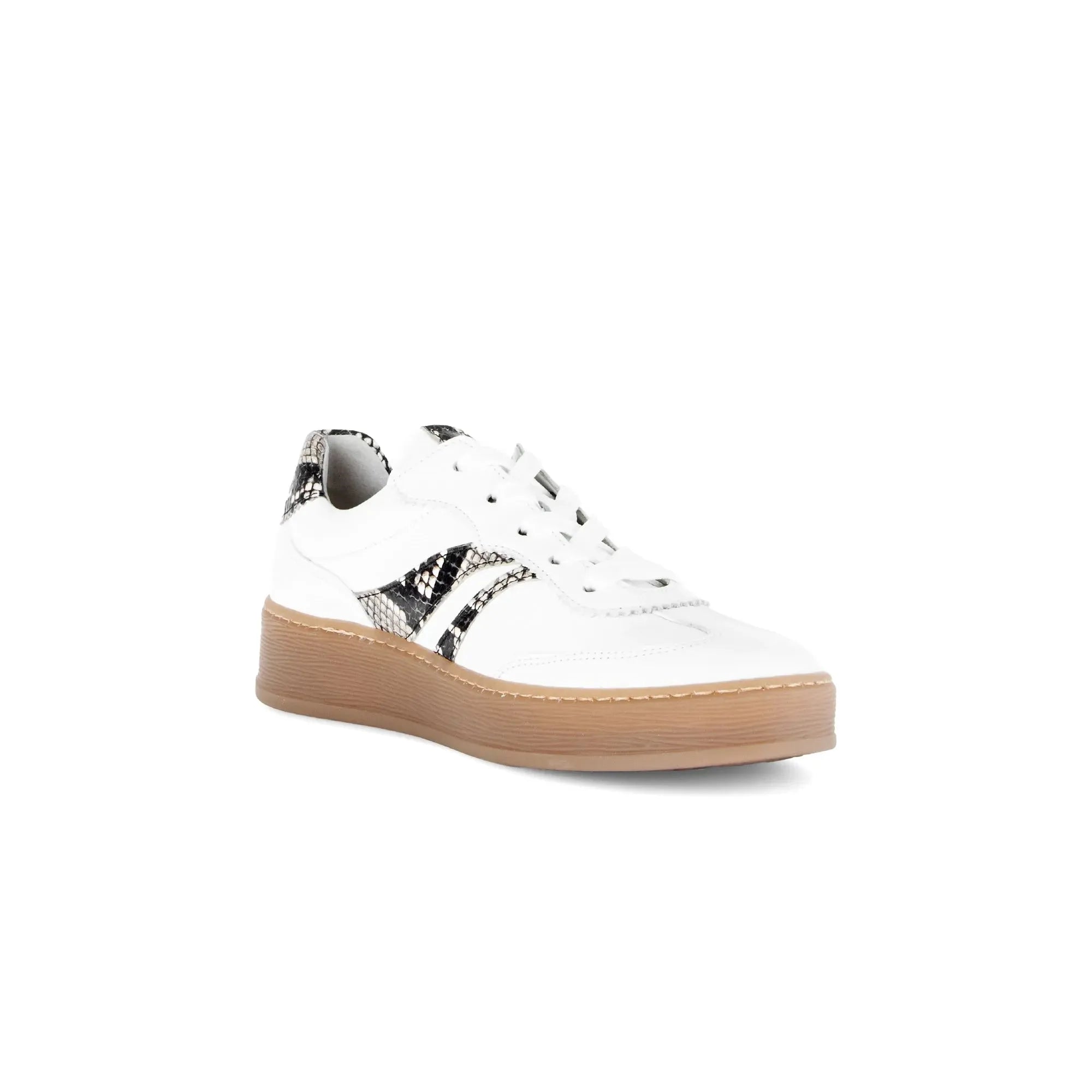 Gabor Dahma women's white leather lace-up trainers with black snake print accents and beige wedge sole.