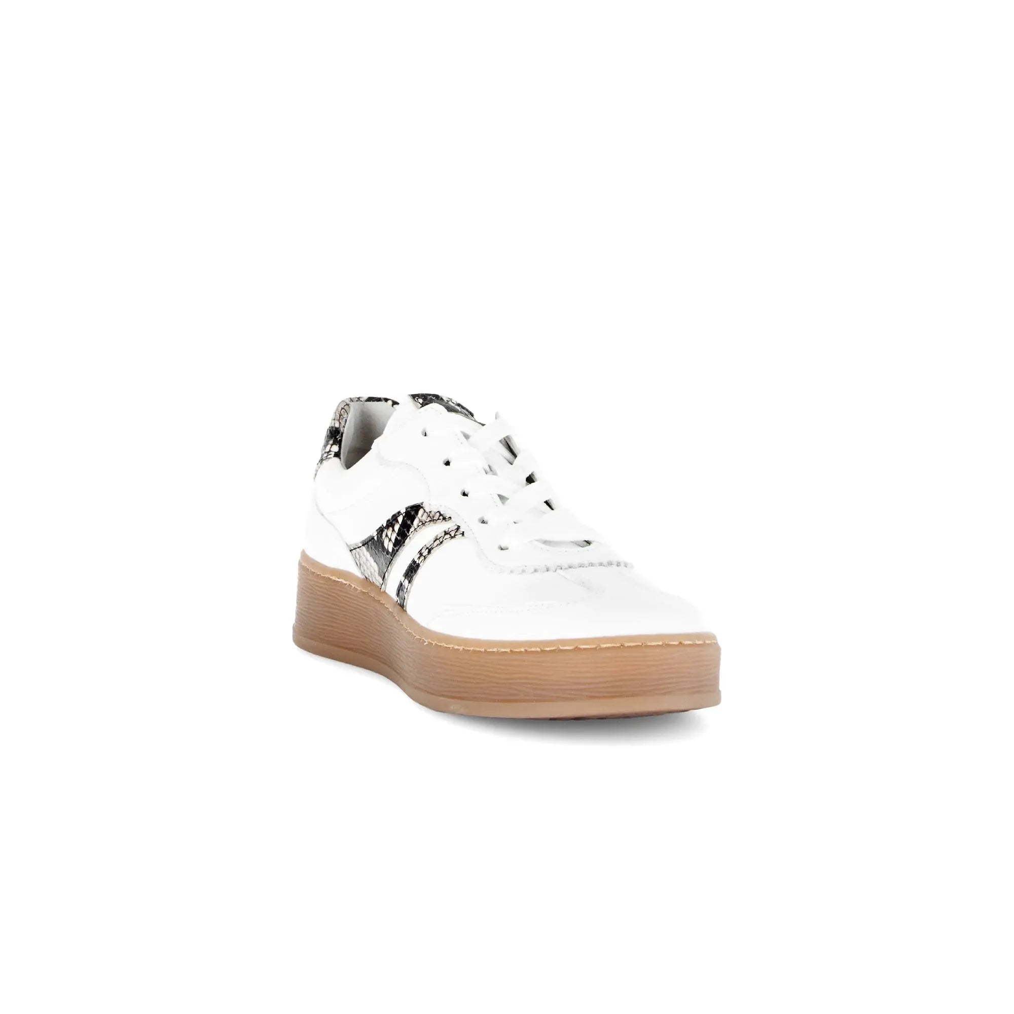 Gabor Dahma women's white leather lace-up trainers with snake-print accents and tan platform sole.