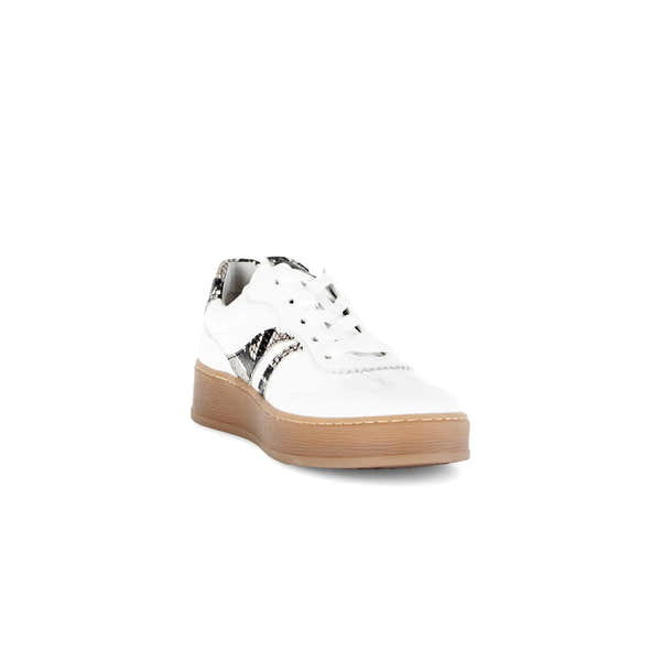 Gabor Dahma women's white leather lace-up trainers with snake-print accents and tan platform sole.