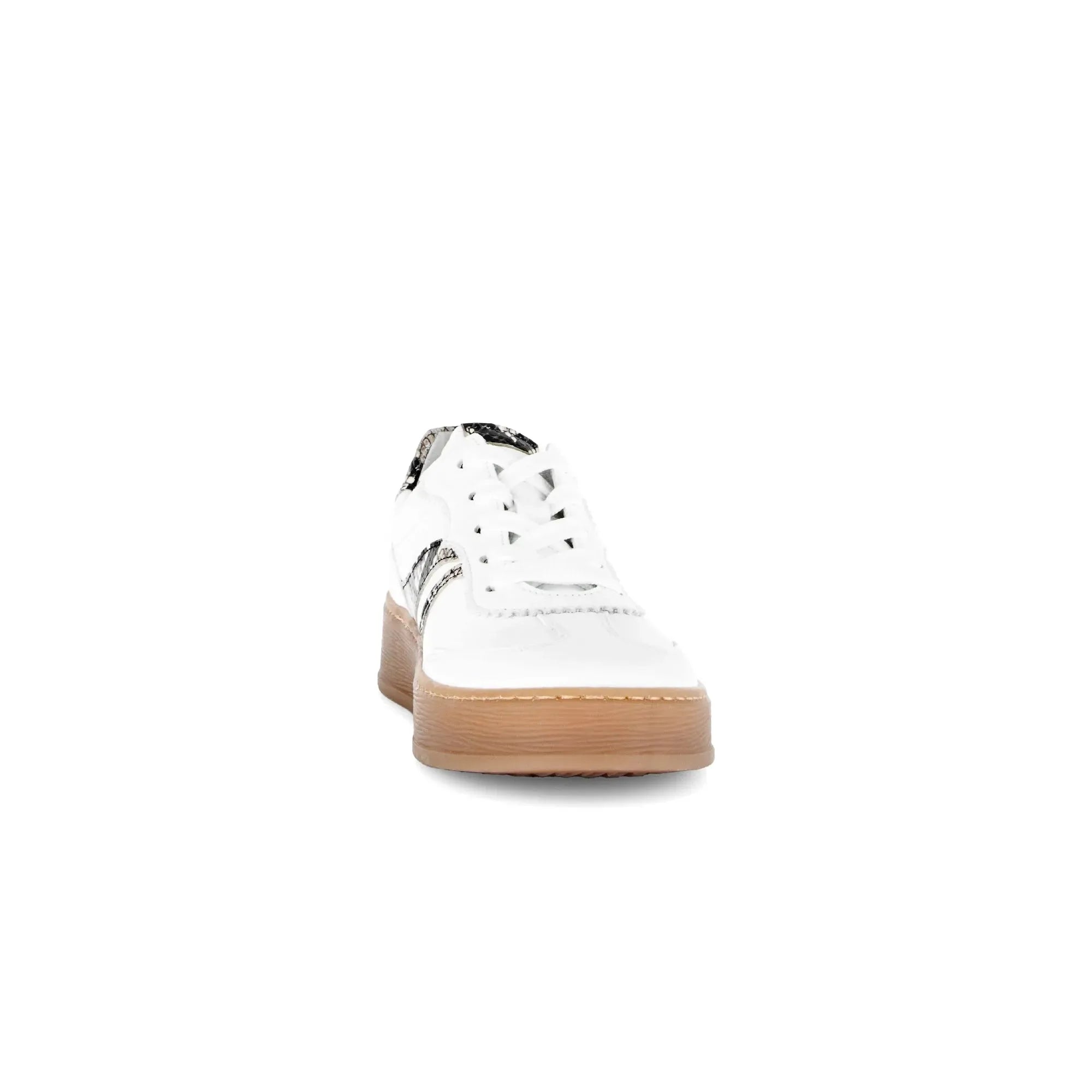 Gabor Dahma women's white leather lace-up trainers with chunky tan rubber soles and black accents.