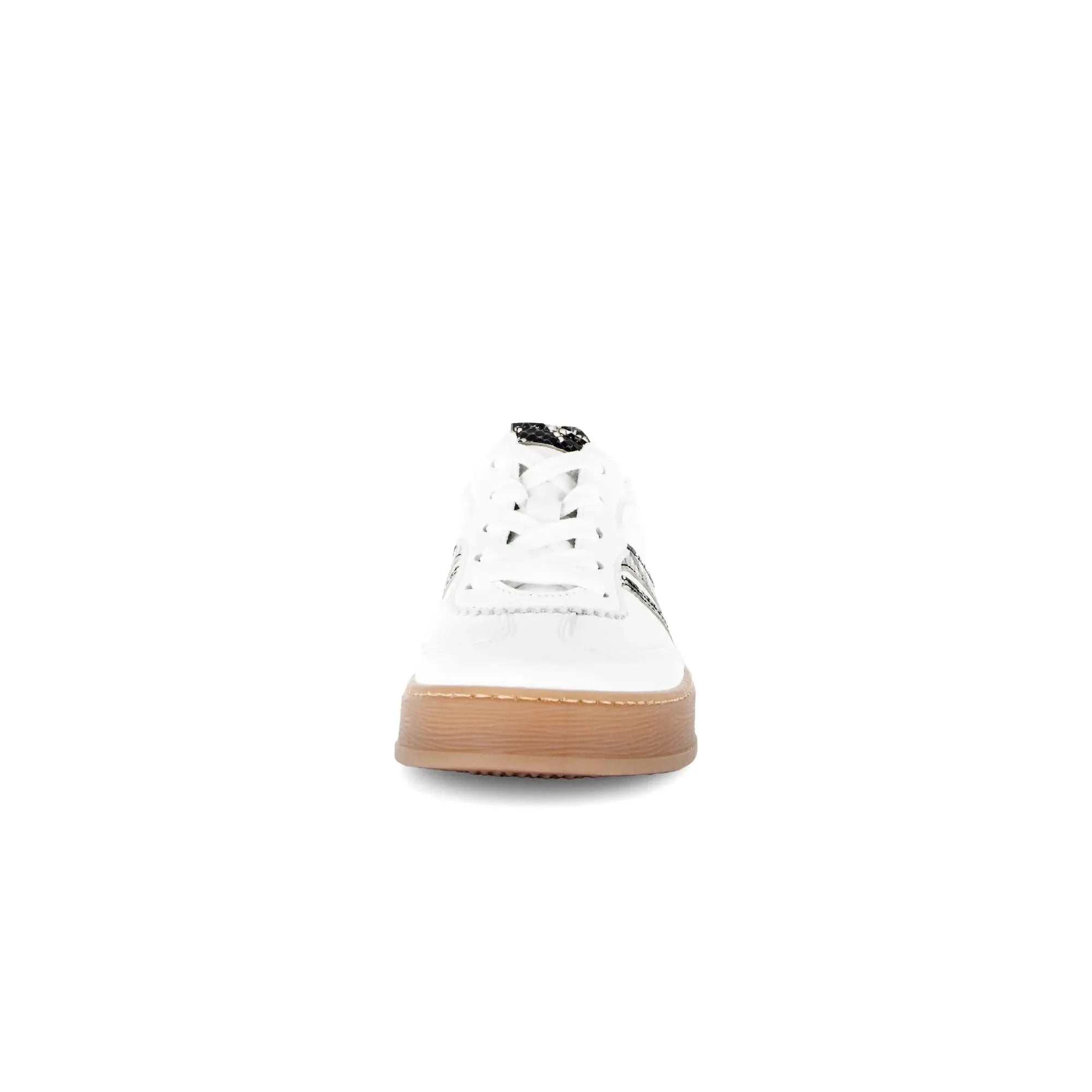 Gabor Dahma women's white leather lace-up trainers with tan rubber sole and black details, stylish and comfortable footwear.