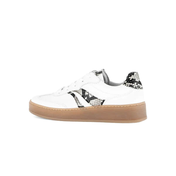 Gabor Dahma ladies white leather lace-up sneakers with black snake print accents and a beige rubber sole.