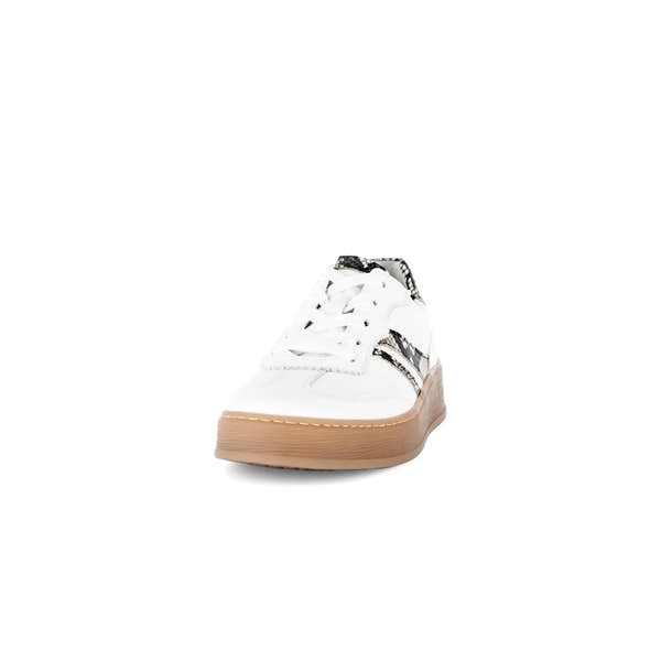 Gabor Dahma Women's White Leather Lace-Up Trainers with Snake Print Details and Tan Sole.