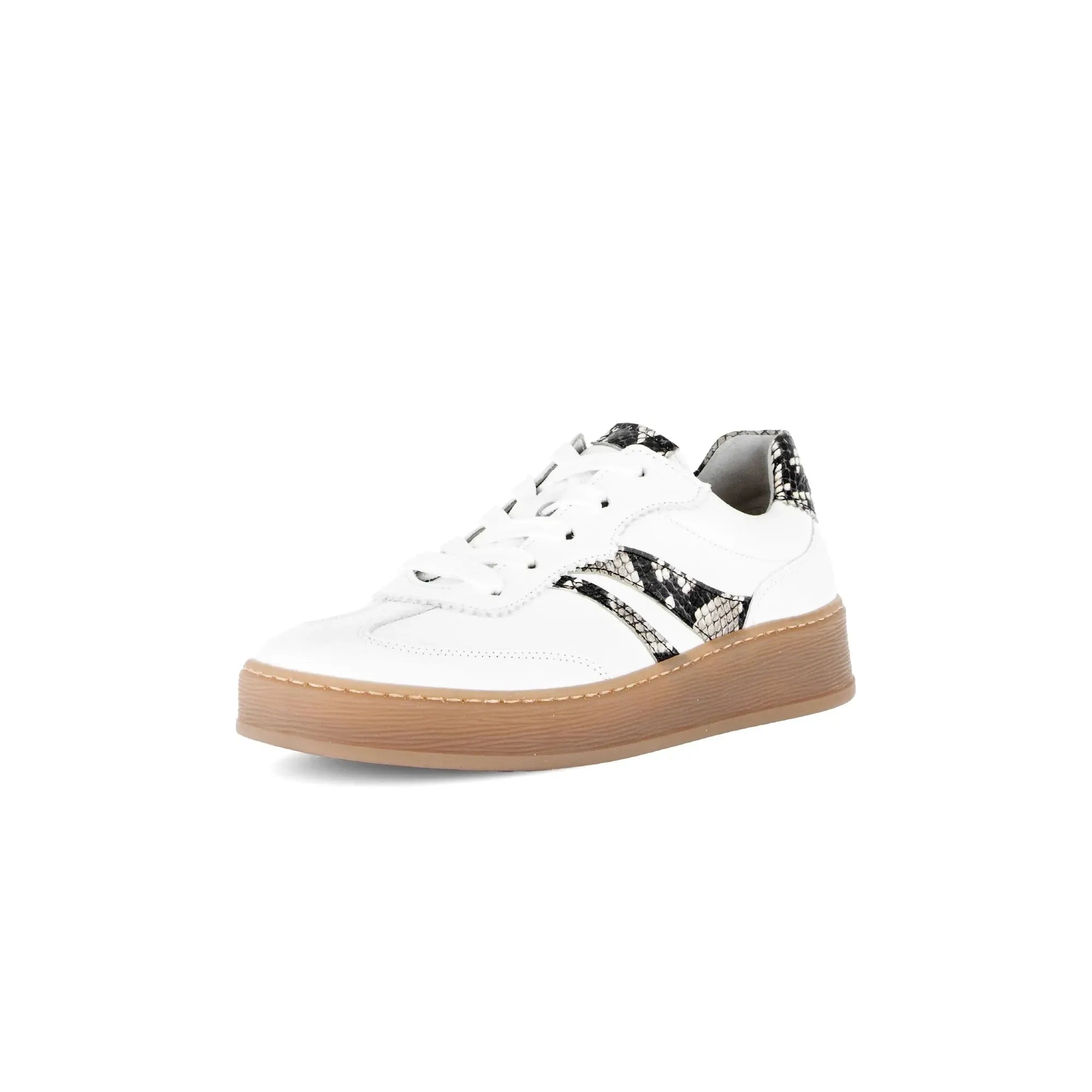 Gabor Dahma Women's White Leather Lace-Up Sneakers with Snake Print Detailing and Tan Rubber Sole.