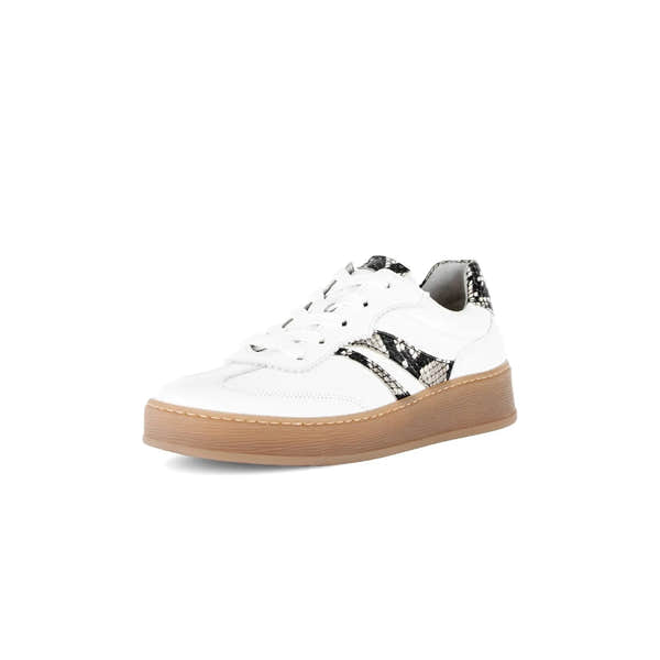 Gabor Dahma Women's White Leather Lace-Up Sneakers with Snake Print Detailing and Tan Rubber Sole.