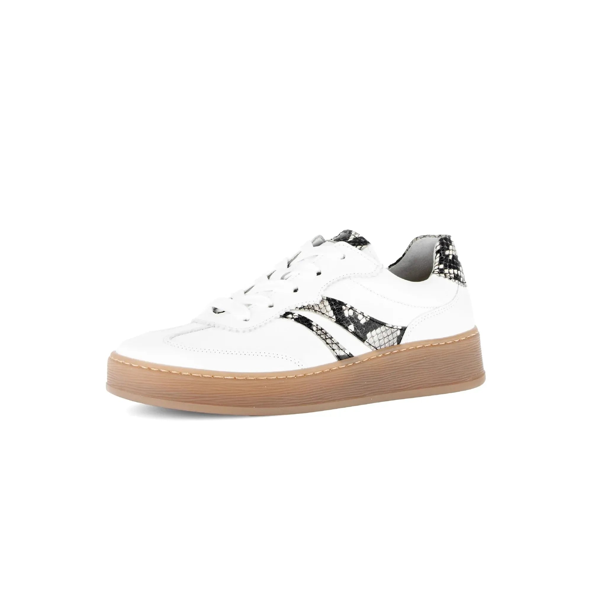 Gabor Dahma Ladies White Leather Lace-Up Trainers with black and white snakeskin pattern accents and tan rubber sole.