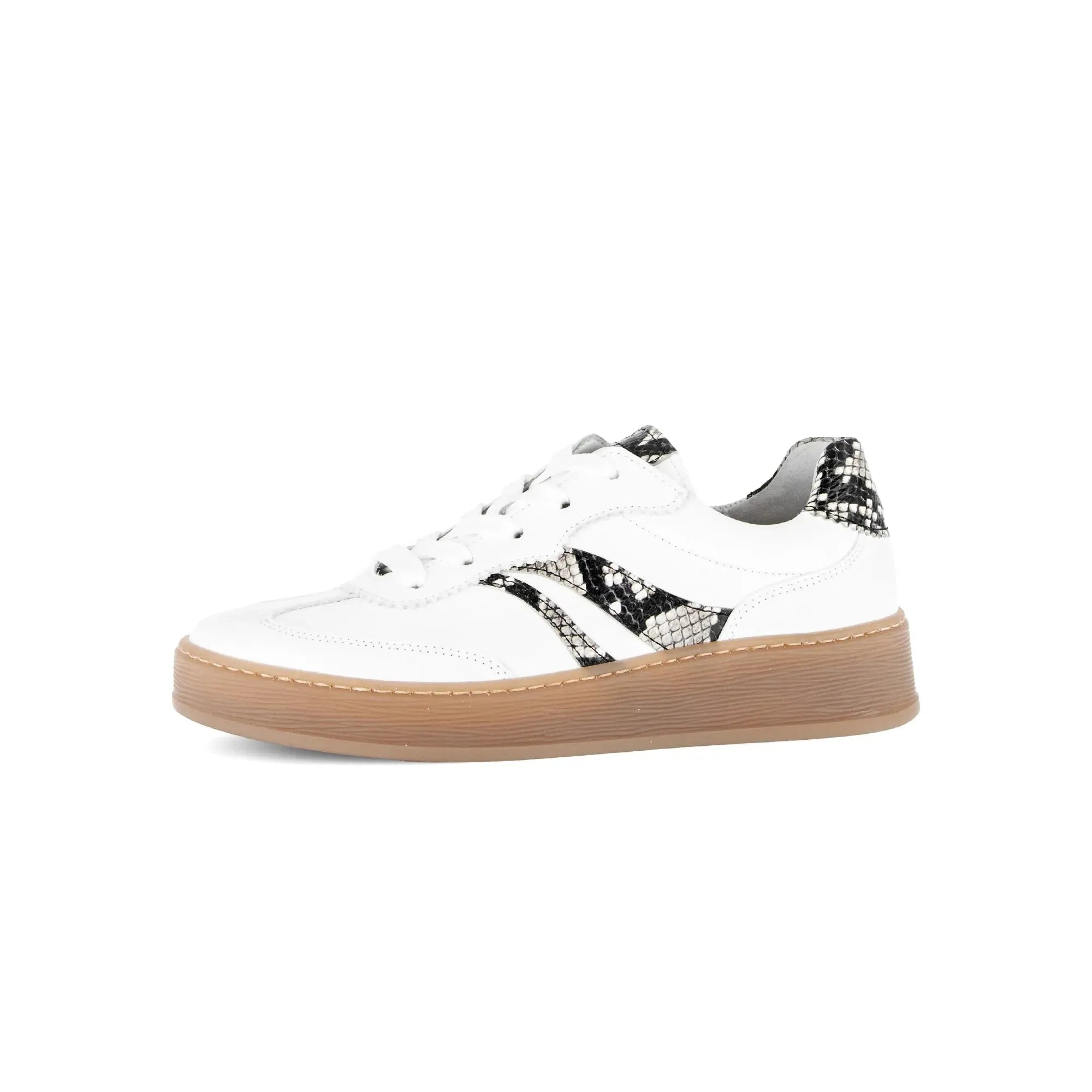 Gabor Dahma women's white leather lace-up trainers with snake-print accents and tan rubber sole.