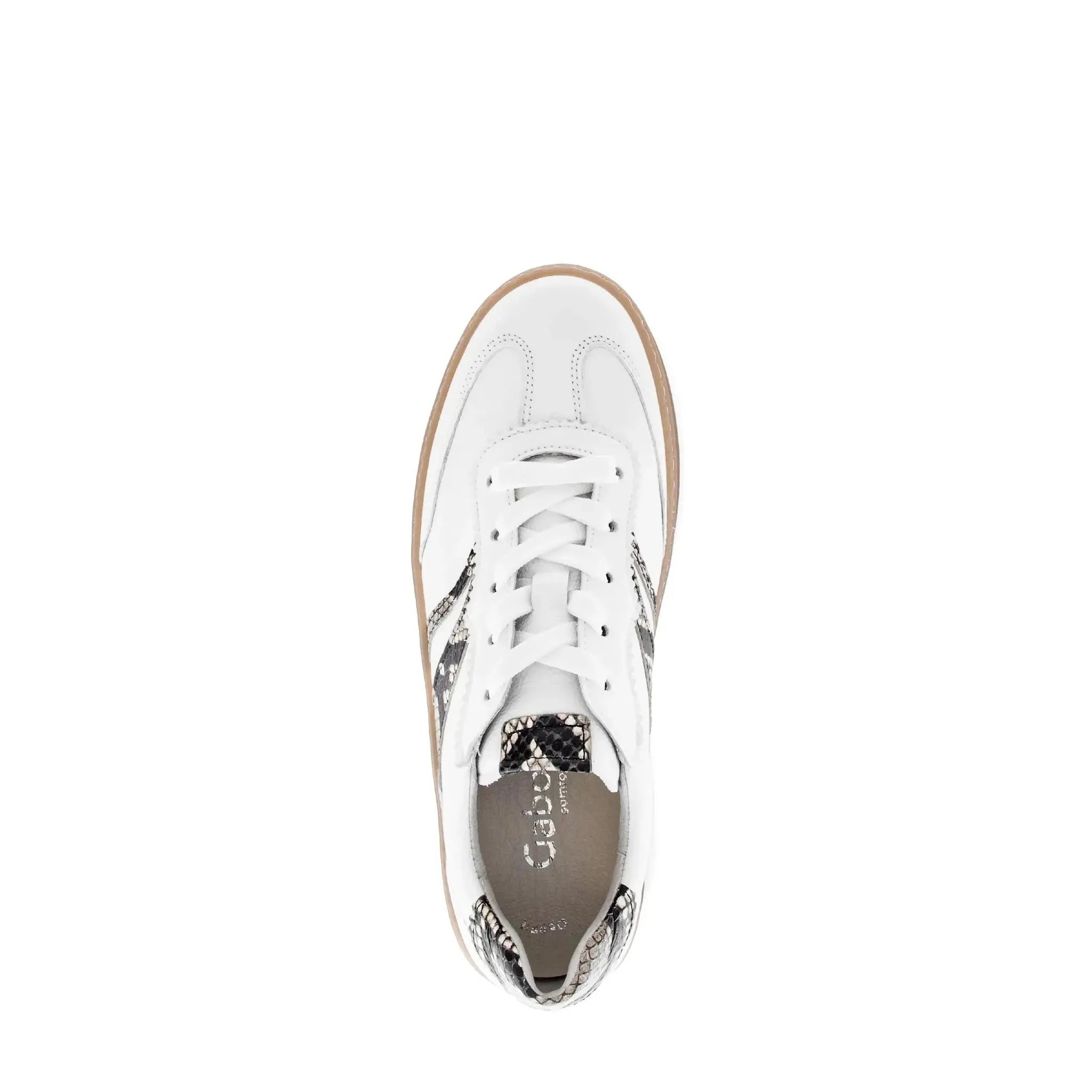 Gabor Dahma women's white leather lace-up trainers with snakeskin accents and gum sole, stylish casual footwear.