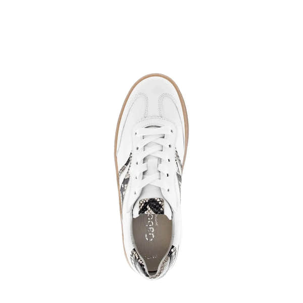 Gabor Dahma women's white leather lace-up trainers with snakeskin accents and gum sole, stylish casual footwear.