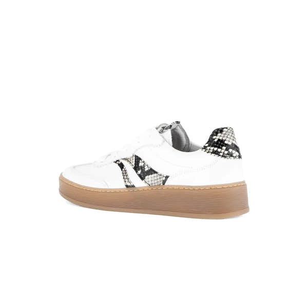 Gabor Dahma women's white leather lace-up trainers with black snake print accents and tan rubber sole.