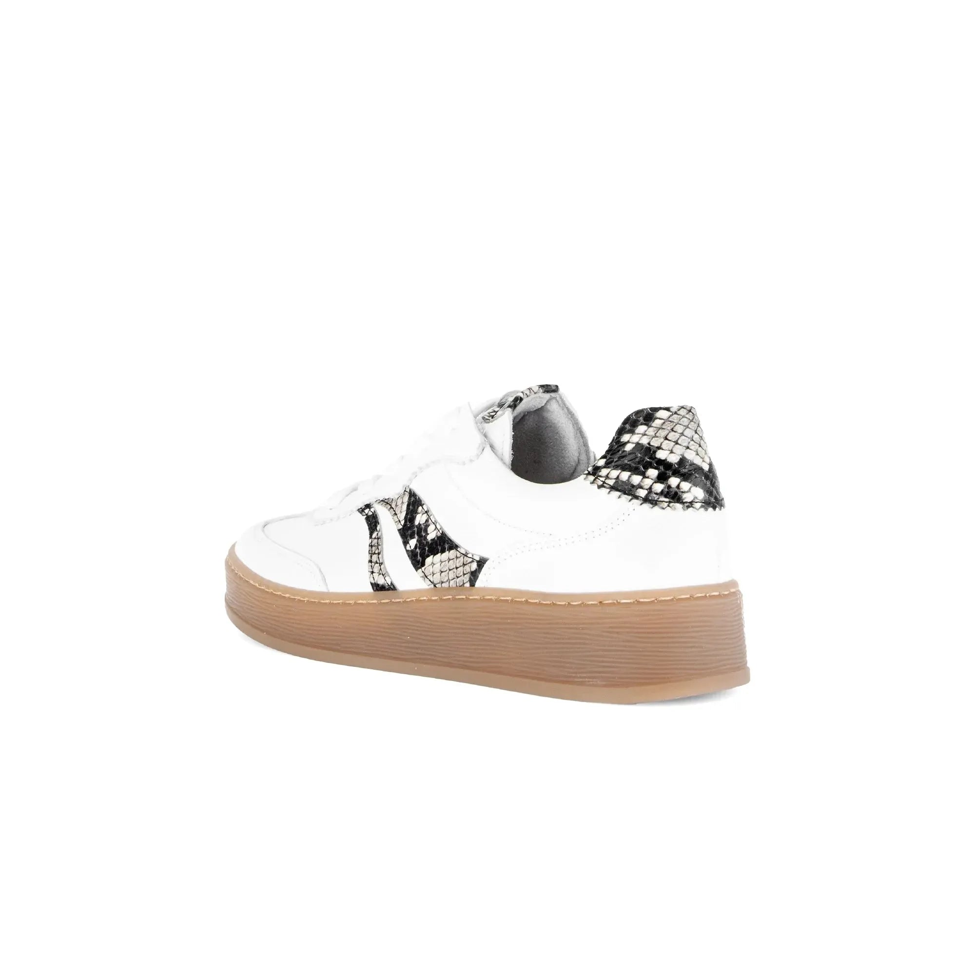 Gabor Dahma Women's White Leather Lace-Up Trainers with Snake Print Detail and Thick Brown Sole.