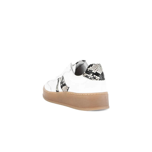 Gabor Dahma women's white leather lace-up trainers with snakeskin-patterned accents and a thick tan sole.