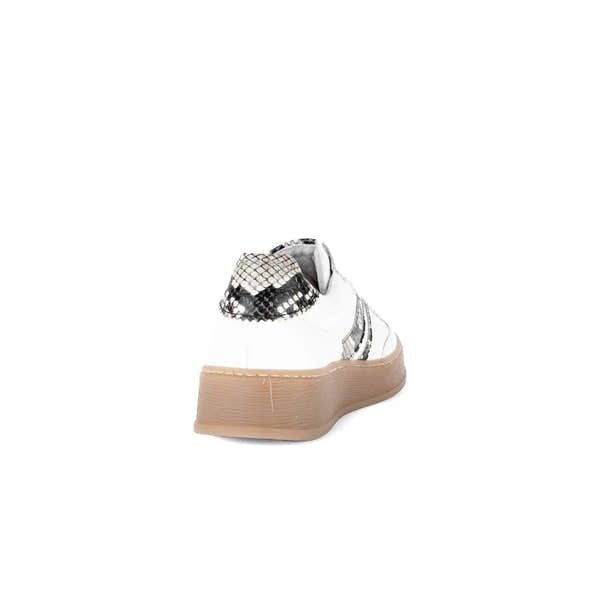 Gabor Dahma women's white leather lace-up trainers with snake print heel detail and chunky beige sole.
