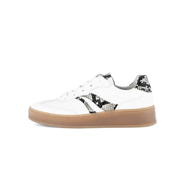 Gabor Dahma women's white leather lace-up trainers with snake print accents and beige rubber sole.