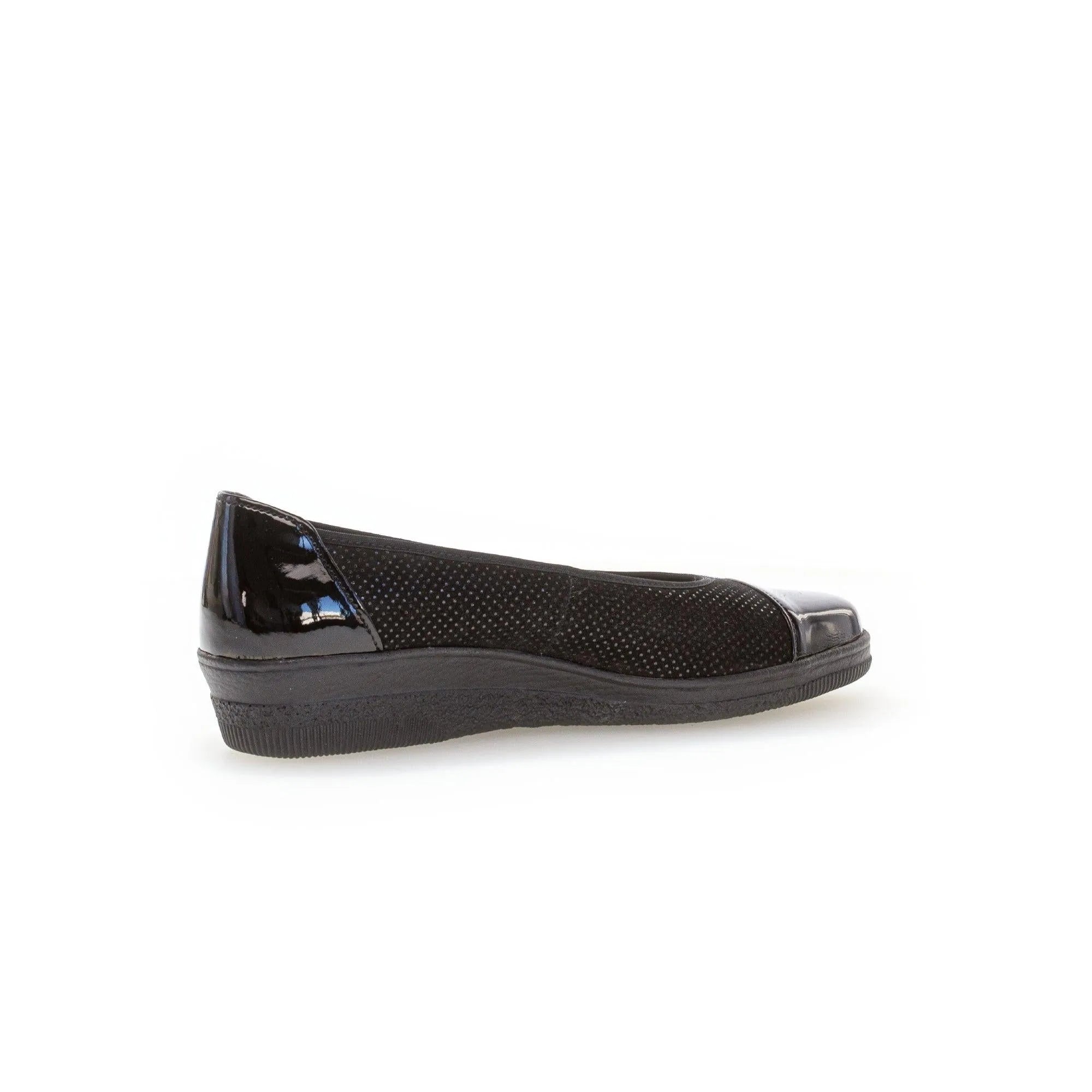 Gabor Petunia women's black patent leather slip-on shoe with perforated detail and cushioned sole.