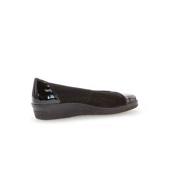 Gabor Petunia women's black patent leather slip-on shoe with perforated detail and cushioned sole.