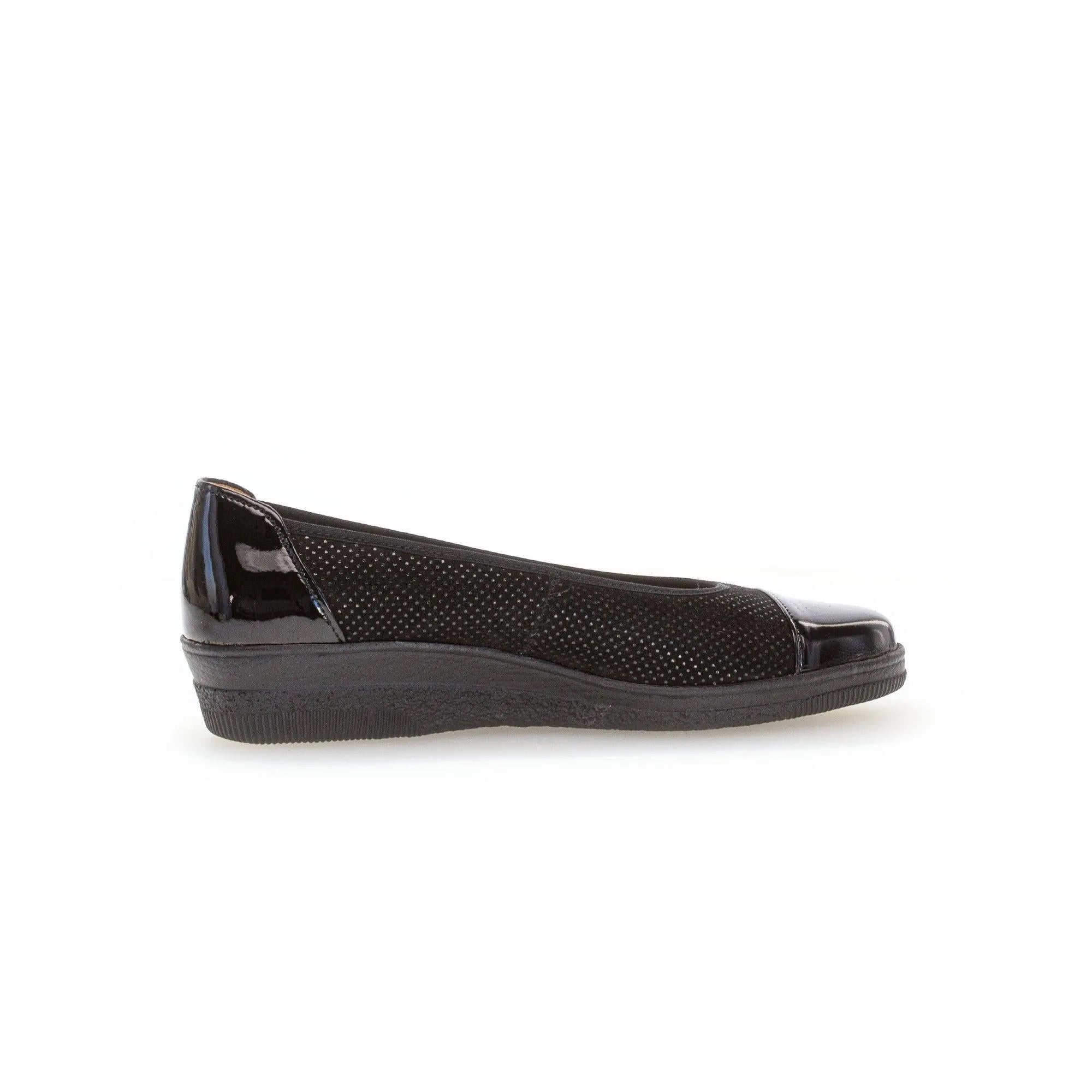 Gabor Petunia black patent leather slip-on ladies' shoes with perforated design and wedge sole.