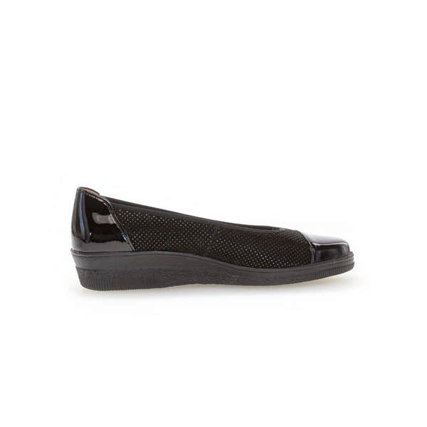 Gabor Petunia black patent leather slip-on ladies' shoes with perforated design and wedge sole.