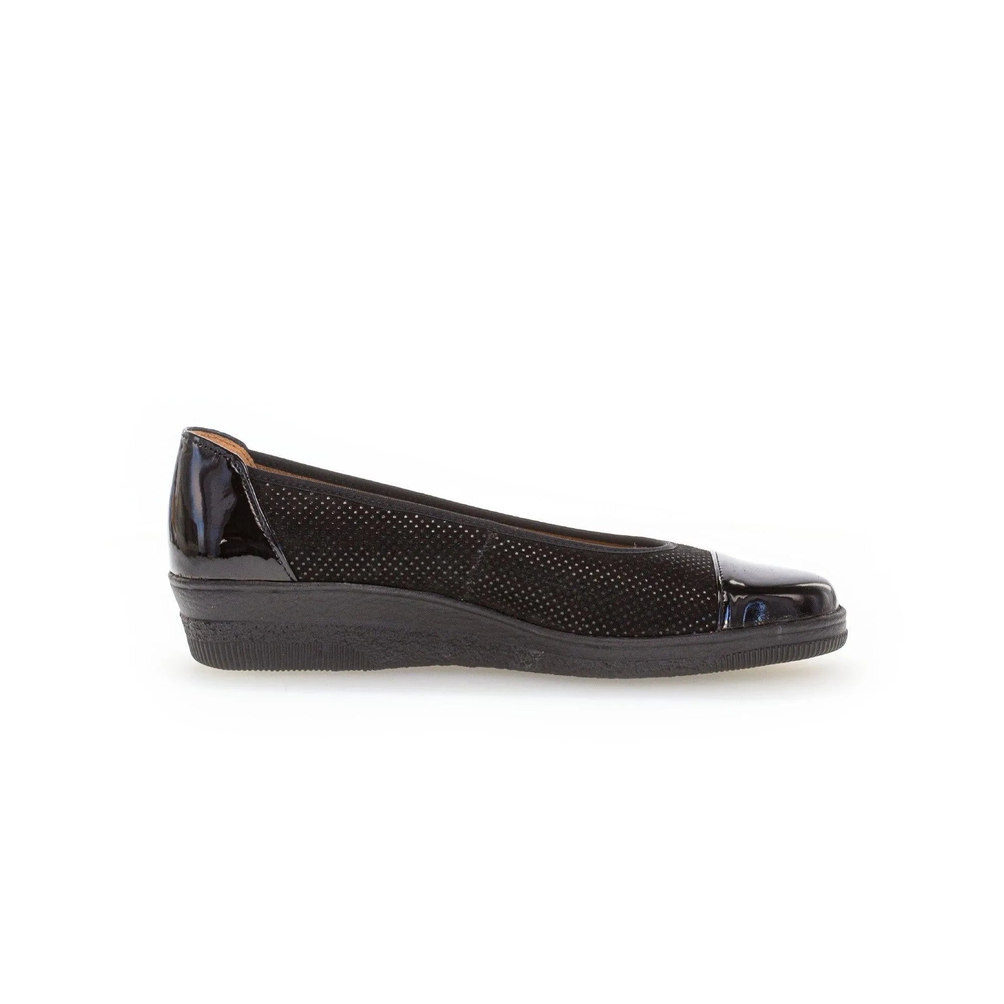 Gabor Petunia women's black patent leather slip-on flat shoe with perforated detailing and rounded toe.