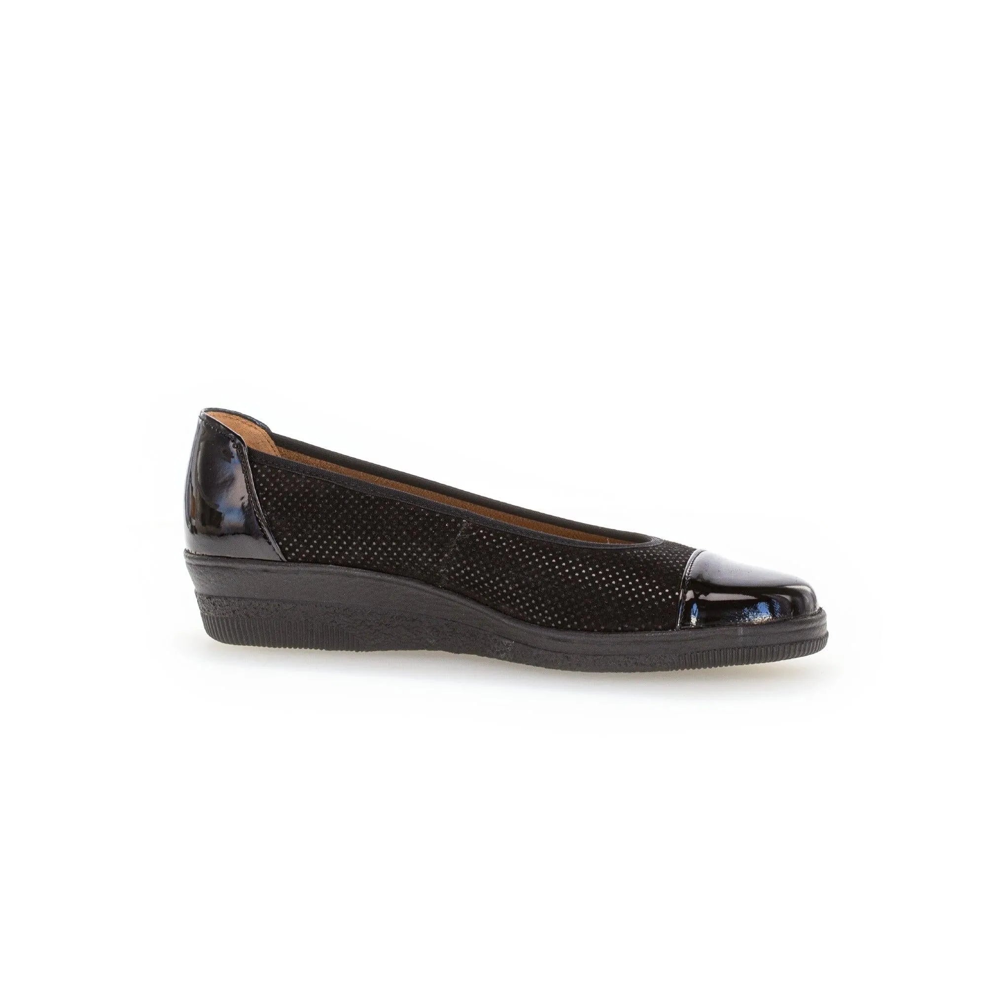 Gabor Petunia Ladies Black Patent Leather Slip-On Wedge Shoe with perforated finish.
