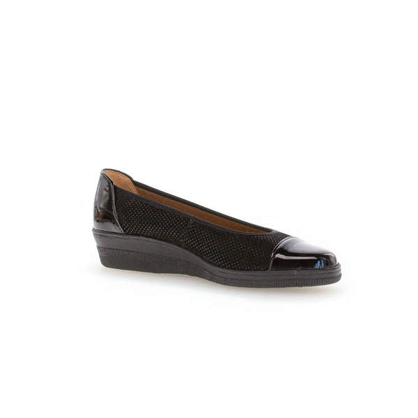Gabor Petunia black patent leather slip-on ladies wedge shoes with perforated detailing and rounded toe.