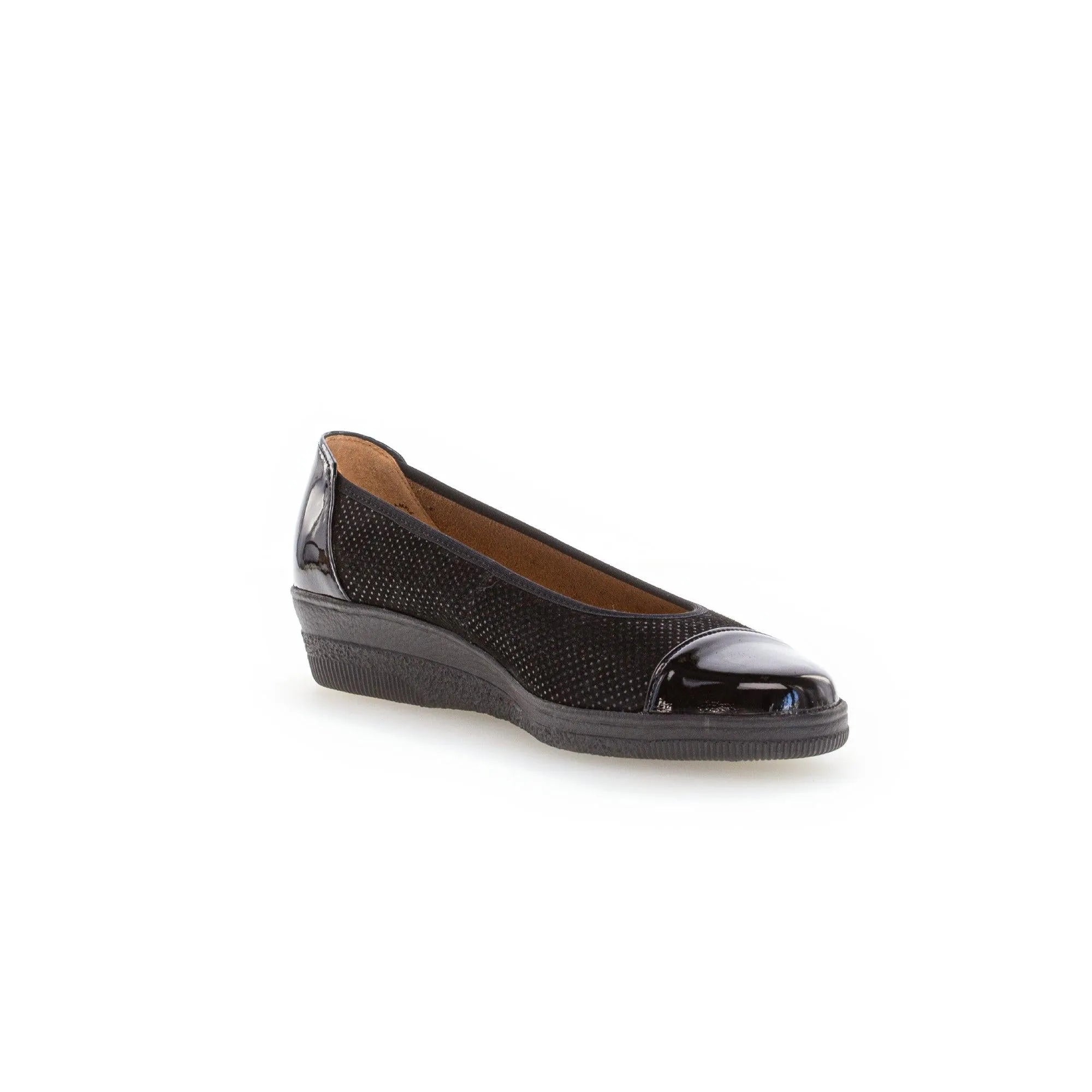 Gabor Petunia black patent leather slip-on women's wedge shoes with textured design and rounded toe.