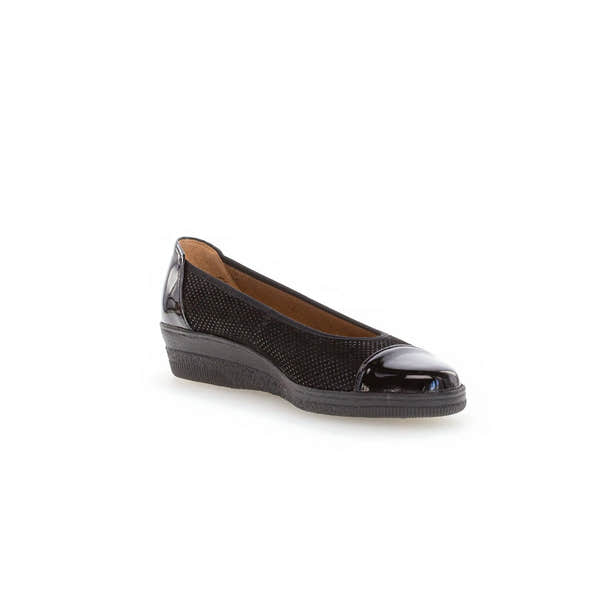 Gabor Petunia black patent leather slip-on women's wedge shoes with textured design and rounded toe.