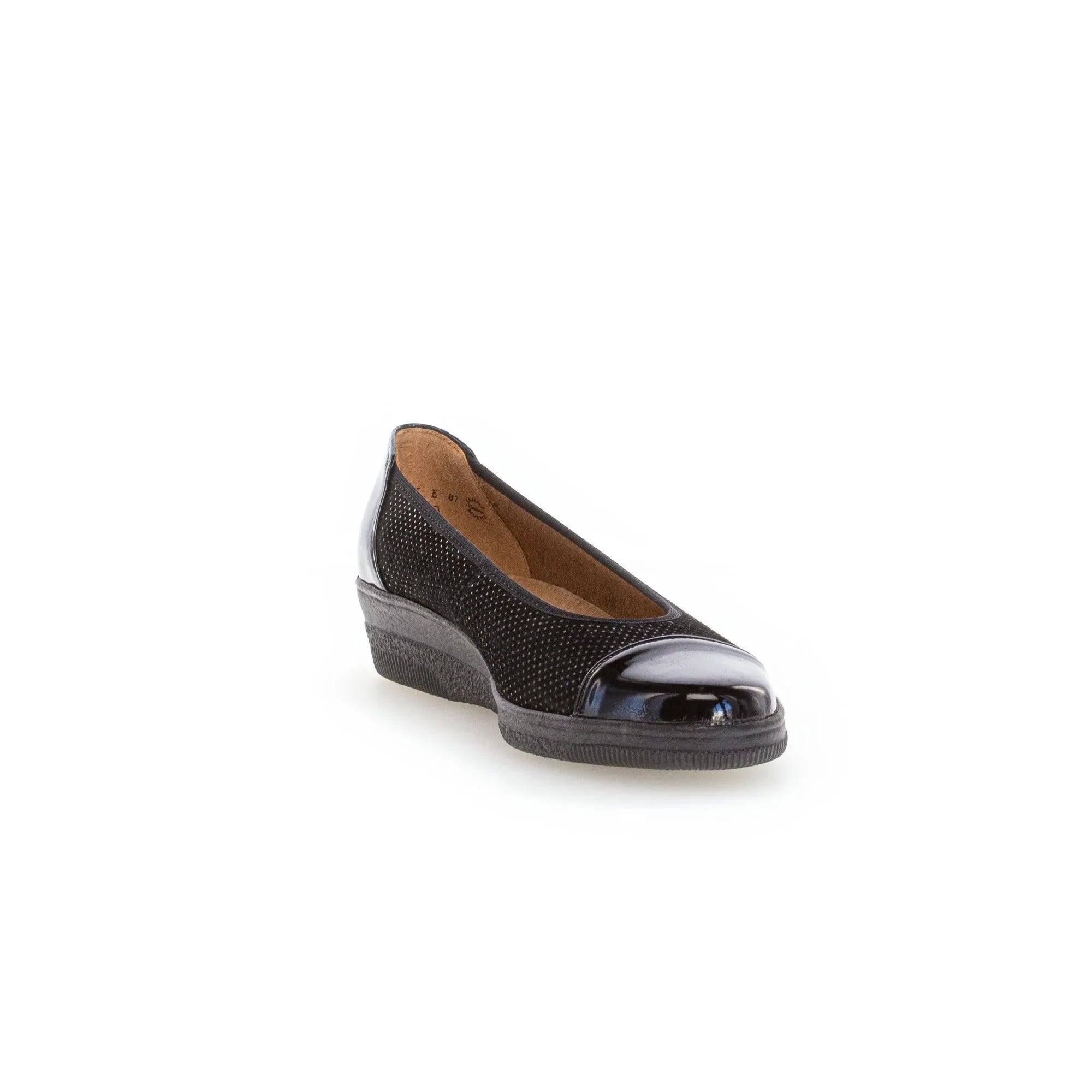 Gabor Petunia women's black patent leather slip-on wedge shoe with perforated fabric and rounded toe.