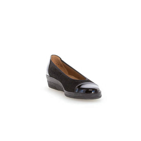 Gabor Petunia women's black patent leather slip-on wedge shoe with perforated fabric and rounded toe.