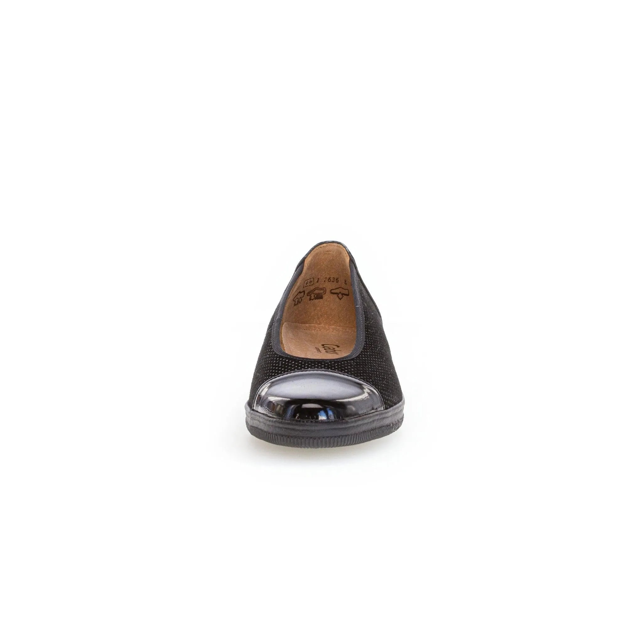 Gabor Petunia black patent leather women's slip-on shoes with rounded toe and low heel, front view.