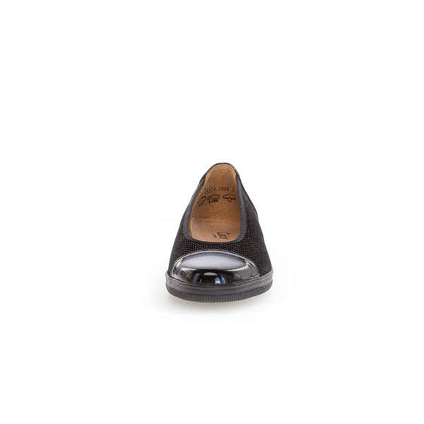 Gabor Petunia black patent leather women's slip-on shoes with rounded toe and low heel, front view.