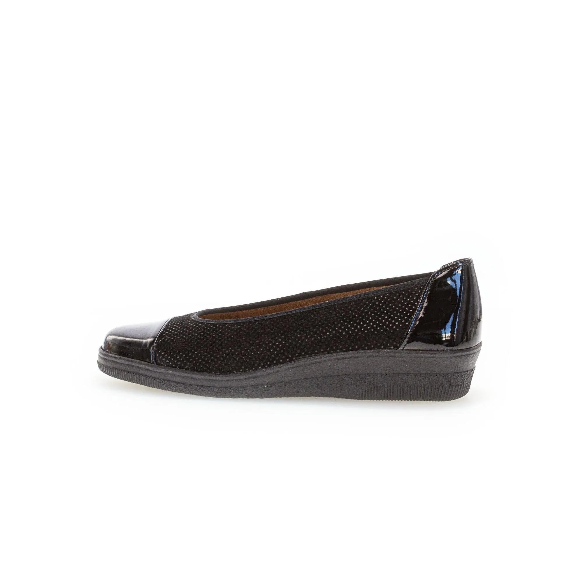 Gabor Petunia women's black patent leather slip-on flats with perforated and glossy accents.