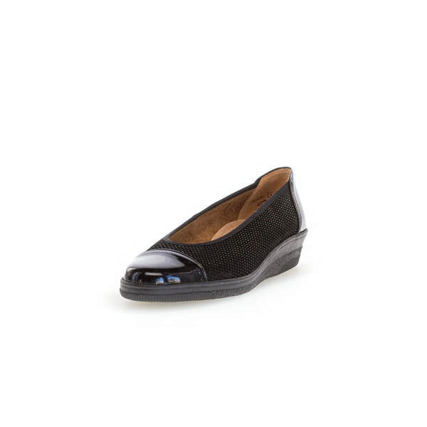 Gabor Petunia women's black slip-on leather shoes with patent toe cap and low wedge heel.