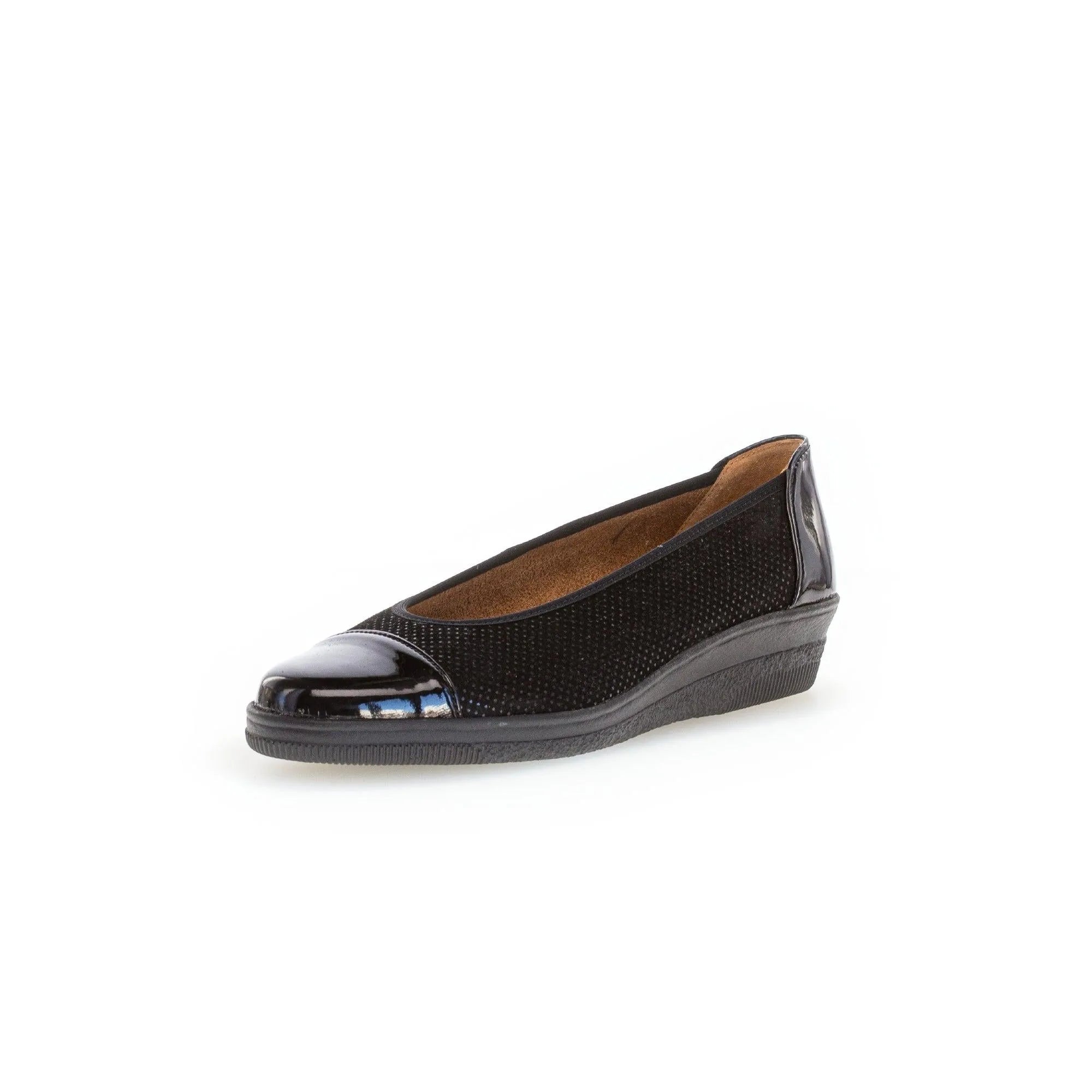 Gabor Petunia black patent leather slip-on women's flat shoe with perforated design and rounded toe.