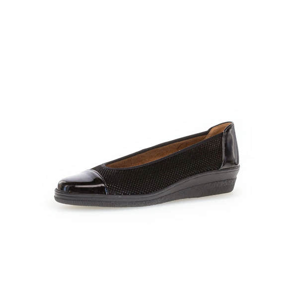 Gabor Petunia ladies black patent leather slip-on flats with perforated design and rounded toe.