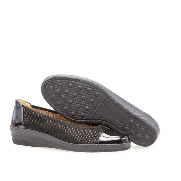 Gabor Petunia women's black patent leather slip-on flats with perforated design and rubber sole.