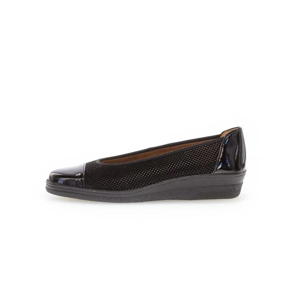 Gabor Petunia Ladies Black Patent Leather Slip-On Shoes with perforated details and wedge sole.