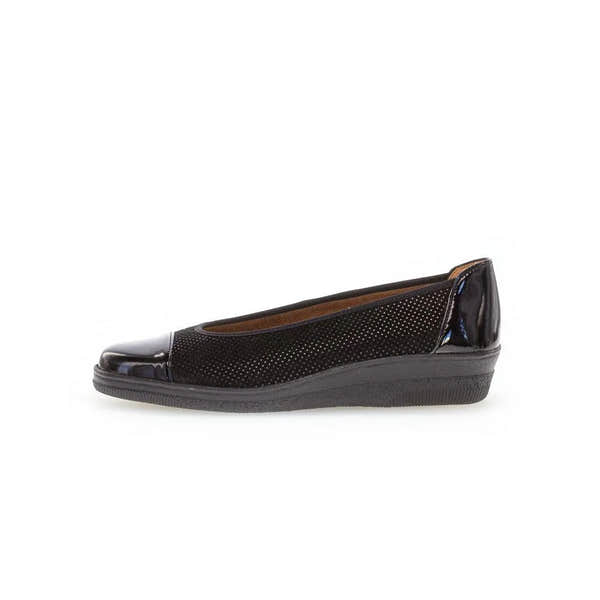 Gabor Petunia Ladies Black Patent Leather Slip-On Shoes with perforated details and wedge sole.