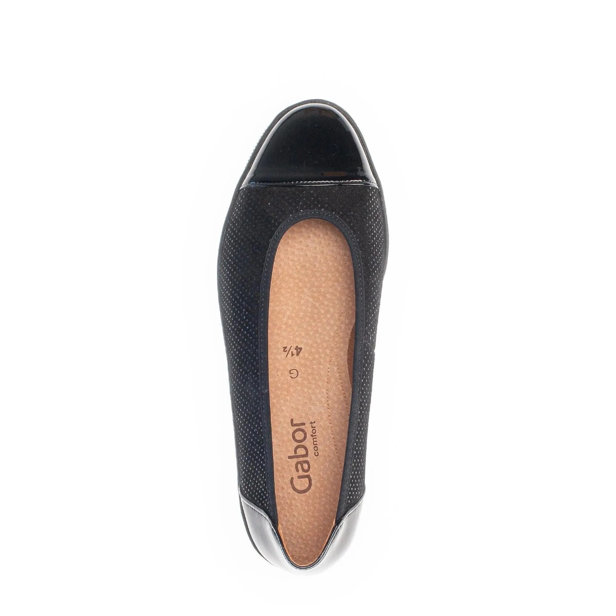Gabor Petunia women's black patent leather slip-on shoes with perforated fabric upper and cushioned insole.