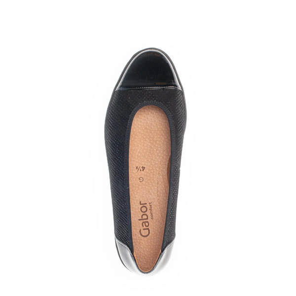 Gabor Petunia women's black patent leather slip-on shoes with perforated fabric upper and cushioned insole.