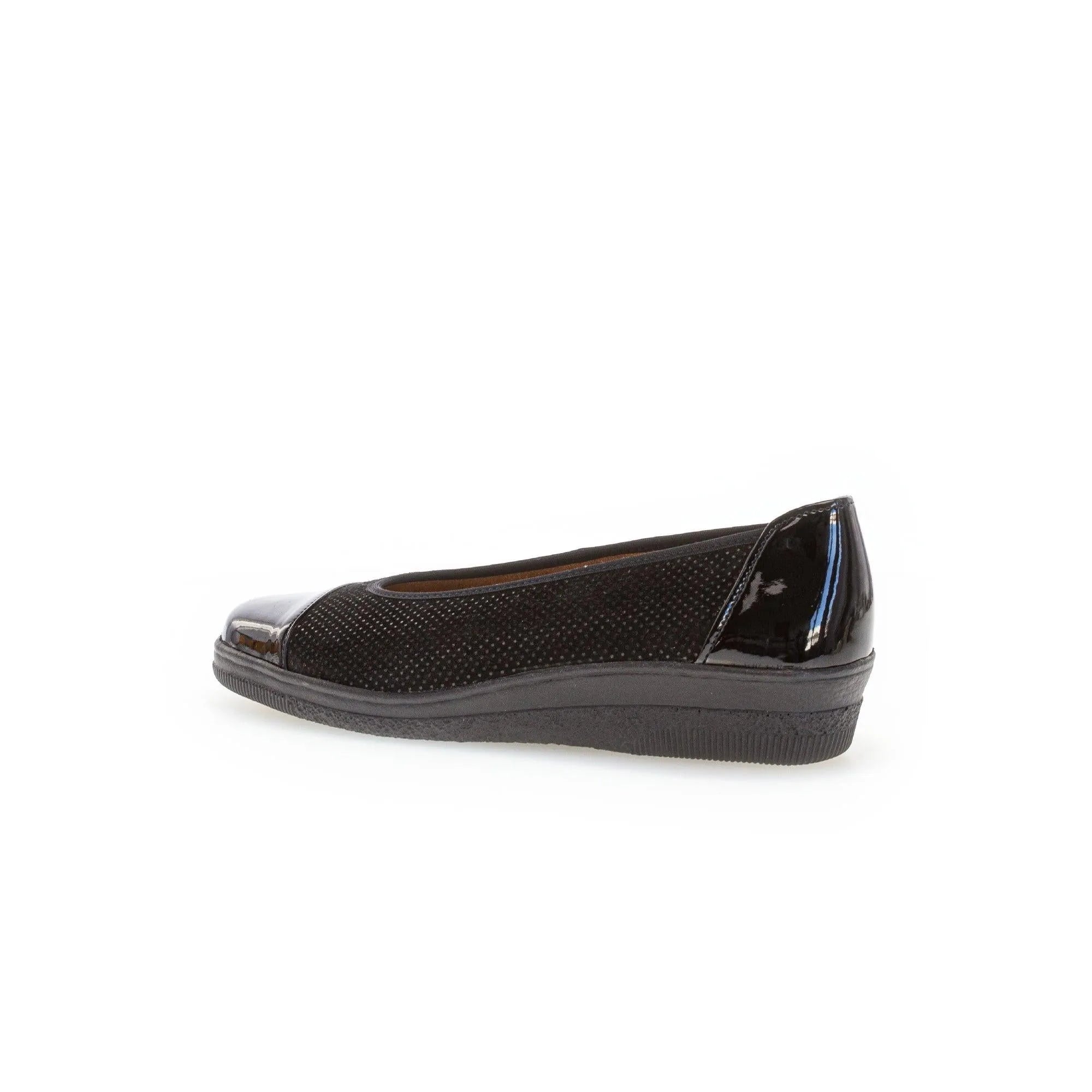 Gabor Petunia women's black patent leather slip-on flats with elastic sides and textured upper, ideal for casual wear.