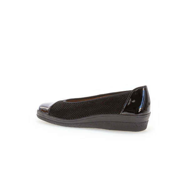 Gabor Petunia women's black patent leather slip-on flats with elastic sides and textured upper, ideal for casual wear.
