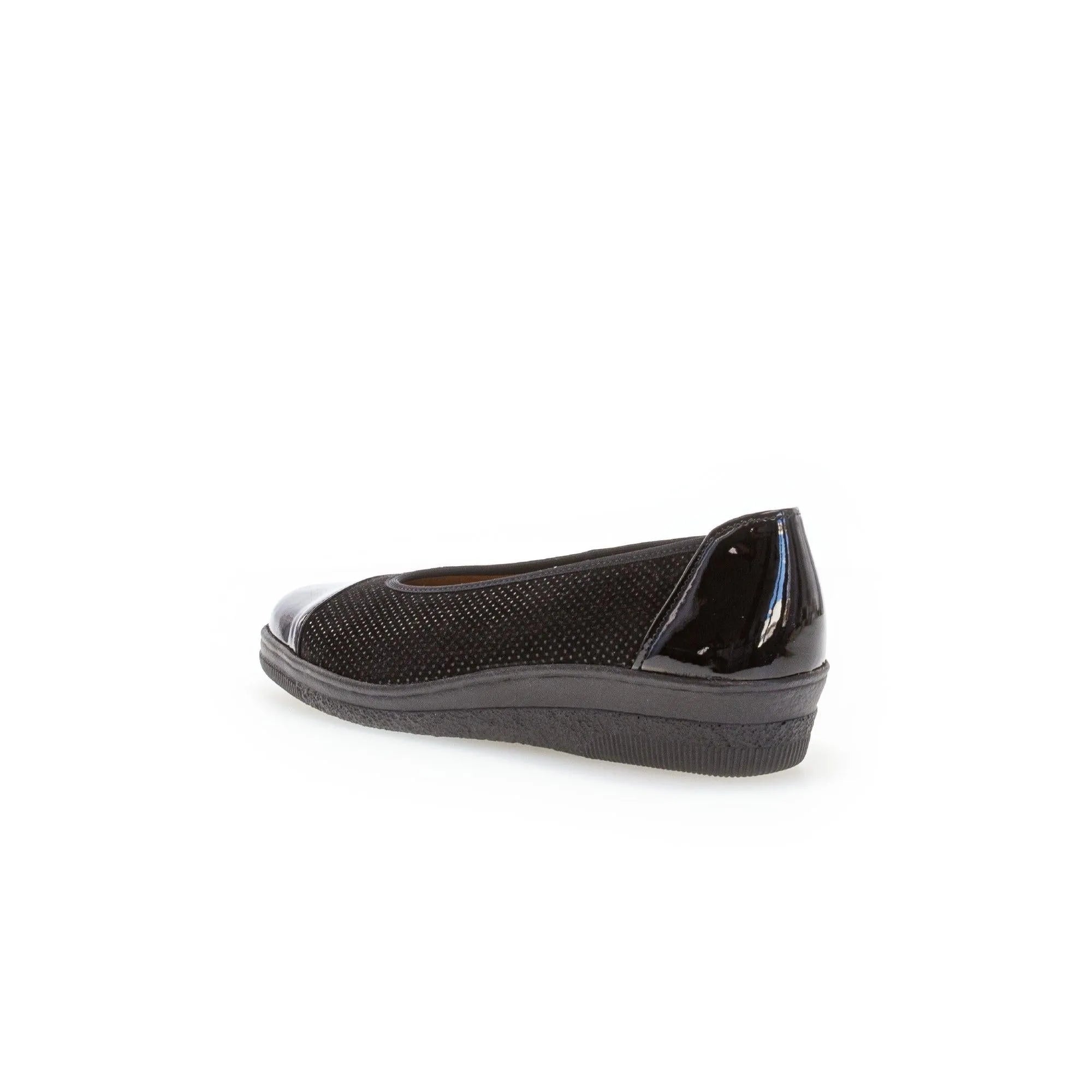 Gabor Petunia women's black patent leather slip-on shoes with textured upper and rubber sole.