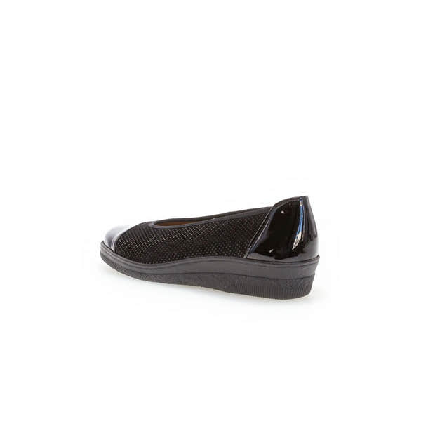 Gabor Petunia women's black patent leather slip-on shoes with textured upper and rubber sole.