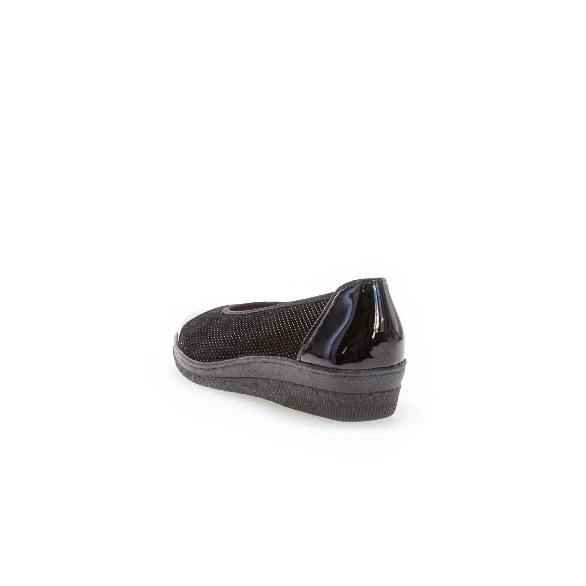 Gabor Petunia women's black patent leather slip-on shoe with perforated upper and cushioned sole.