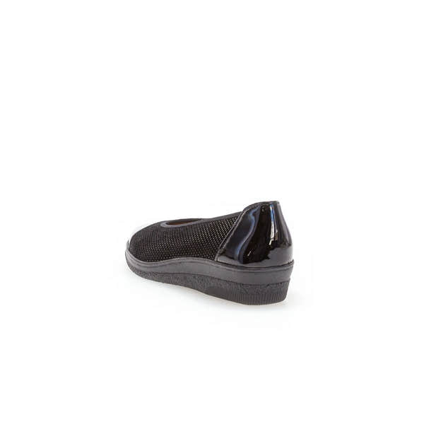 Gabor Petunia women's black patent leather slip-on shoe with perforated upper and cushioned sole.