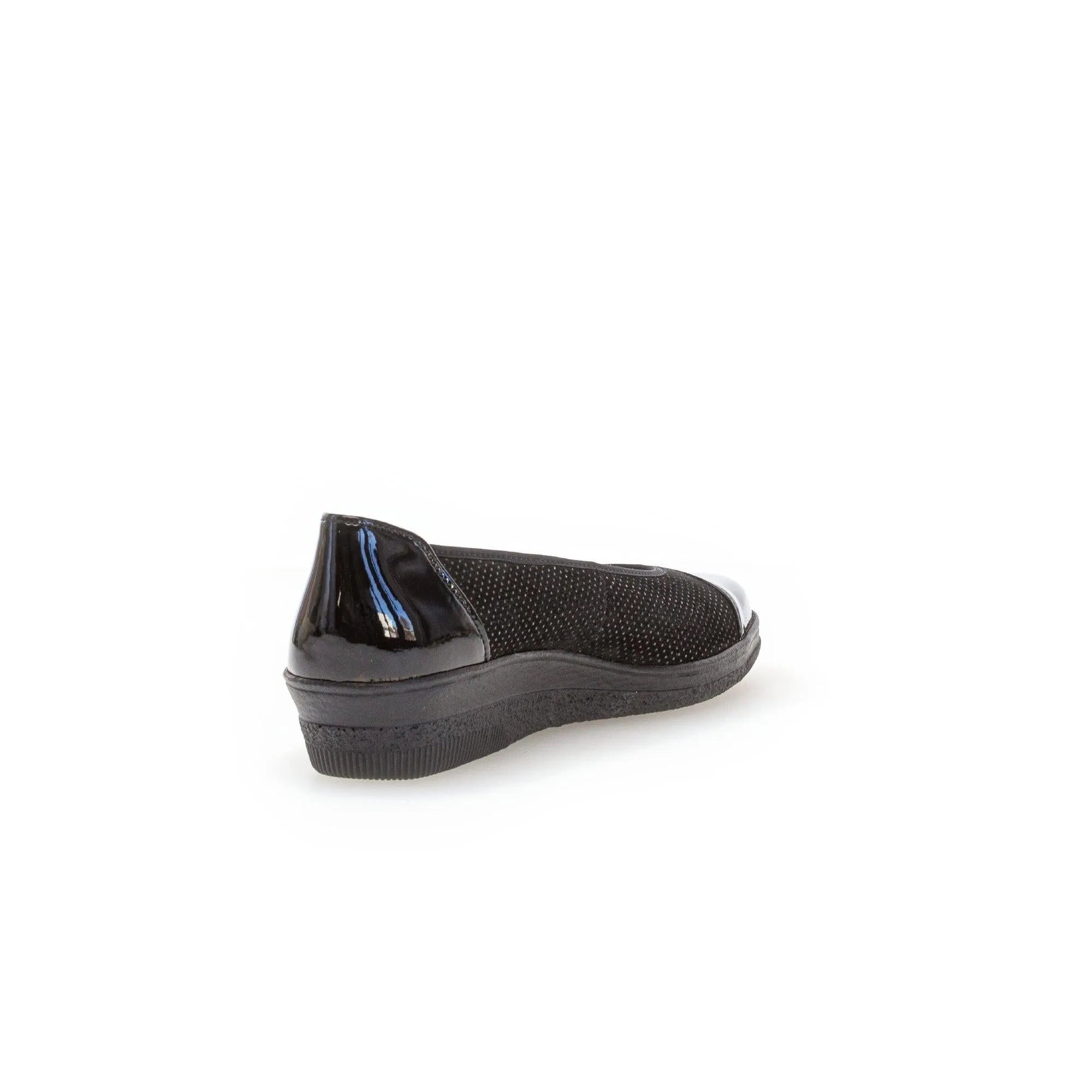 Gabor Petunia black patent leather slip-on women's shoe, with breathable mesh upper and cushioned sole.