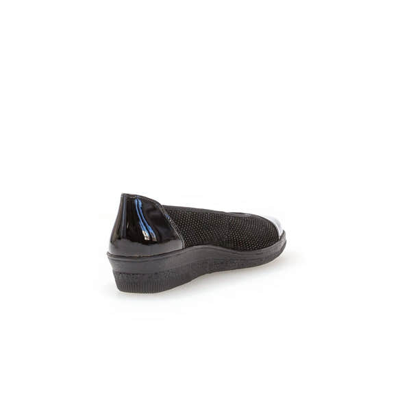 Gabor Petunia black patent leather slip-on women's shoe, with breathable mesh upper and cushioned sole.