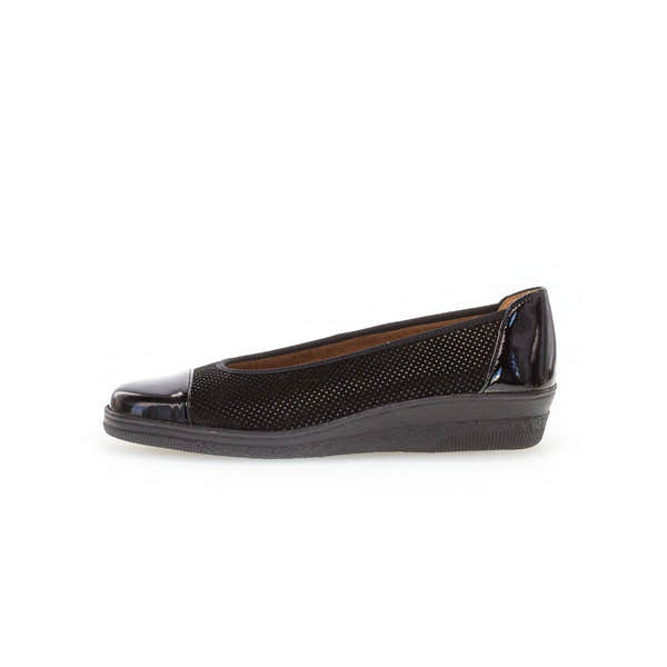 Gabor Petunia black patent leather slip-on ladies shoes with perforated upper and cushioned sole.