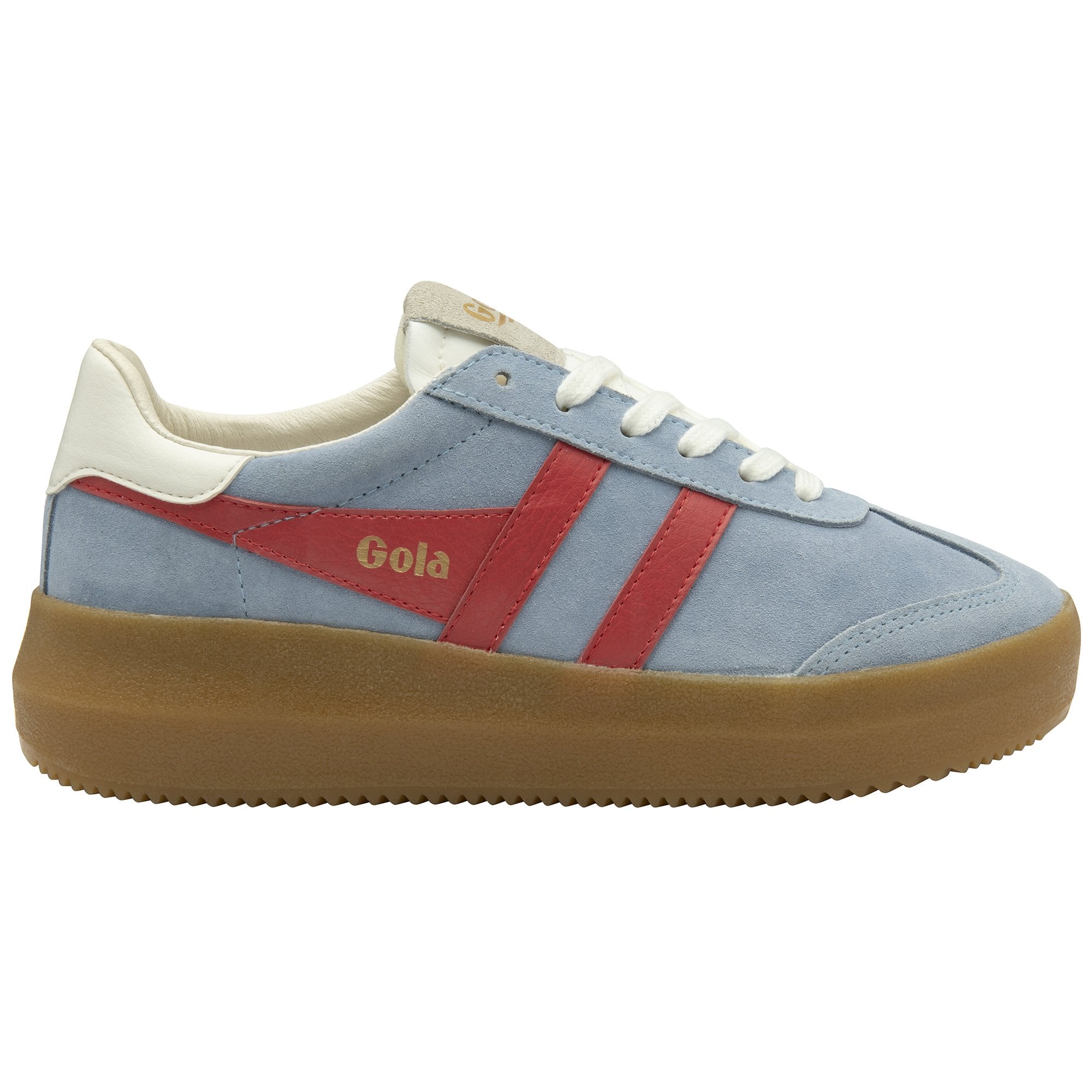 Gola Athena women's lace-up trainers in air, coral, off white, with gum sole and soft suede material.